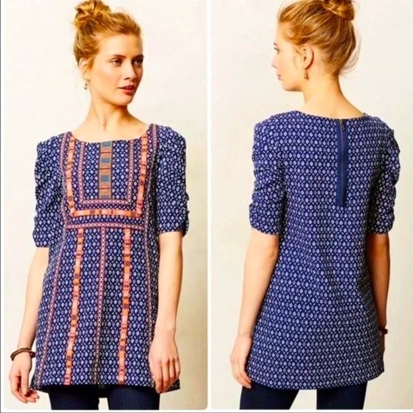 Anthropologie‎ Akemi + Kin Blue Tribal Seva Embroidered Tunic Small - Picture 1 of 10